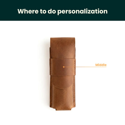 Brown leather pouch with a dot and text indicating 'Middle' on a white background.