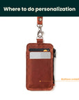 Brown leather wallet with a lanyard on a white background, showing personalized area.