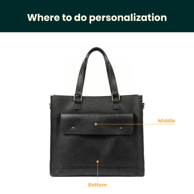 Black leather bag with points indicating where to do personalization on a white background