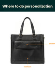 Black leather bag with points indicating where to do personalization on a white background
