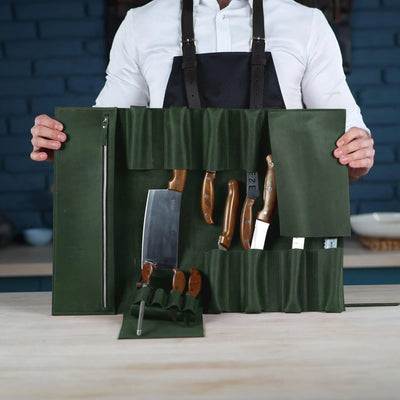 Leather Knife Roll Green