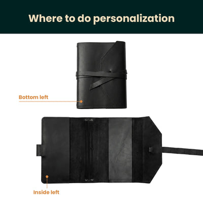 Black leather-bound book with customization points indicated on a white background