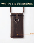 Brown leather phone pouch with a ring on a white background, indicating where to do personalization.