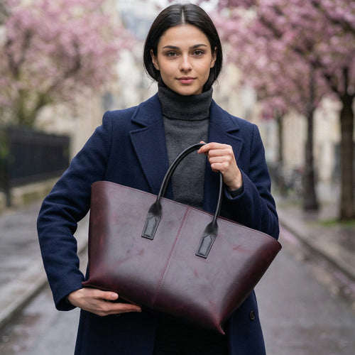 Woman holding a brown leather tote bag in an urban setting with cherry blossoms.