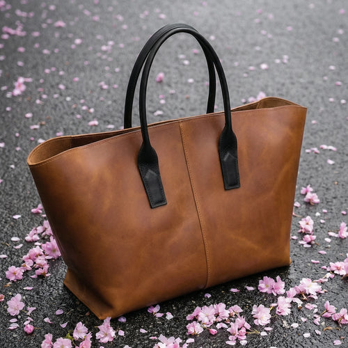Brown leather tote bag with black handles on a gray surface with pink flower petals.