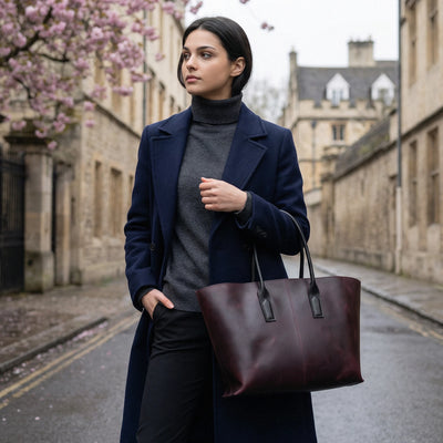 Woman holding a brown leather tote bag on a street with cherry blossoms and stone buildings.
