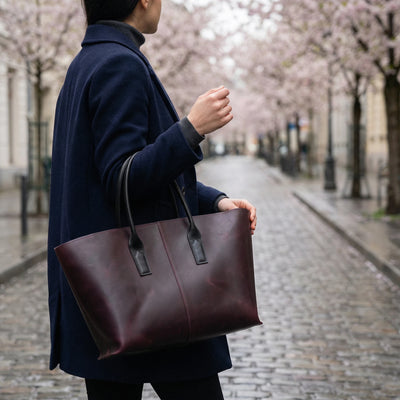 Person holding a brown leather tote bag on a street with cherry blossom trees.