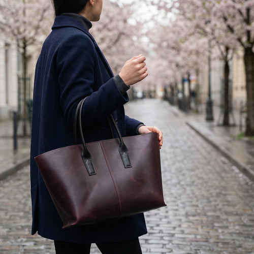 Person holding a brown leather tote bag on a street with cherry blossom trees.