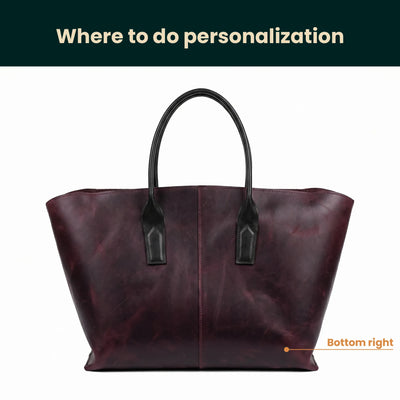 Brown leather tote bag with black handles on a white background