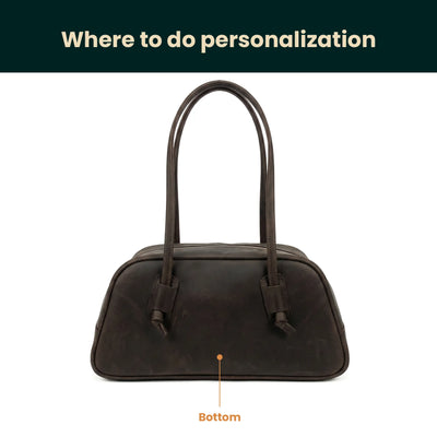 Brown handbag on a white background with text indicating where to do personalization.