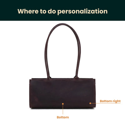 Brown handbag with customization points labeled on a white background