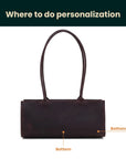 Brown handbag with customization points labeled on a white background