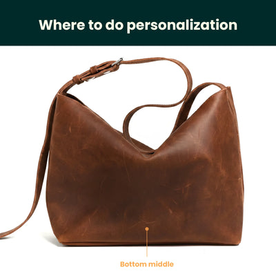 Brown leather handbag with a focus on personalization points on a white background